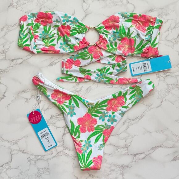 Beach Bunny Bethany Bandeau XL & Bethany Tango Bottom L Pink Jungle Floral $218 - Picture 13 of 14